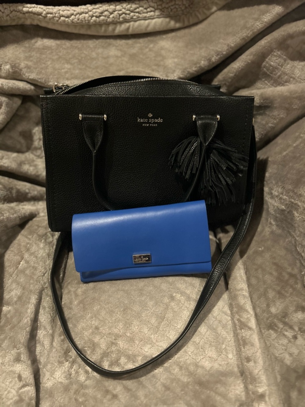 kate spade Black Leather Satchel with Blue Wallet